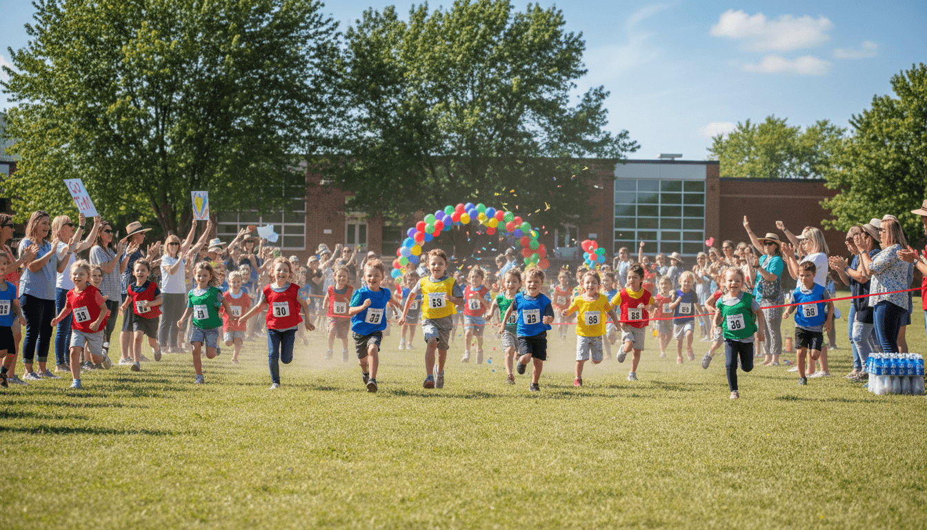 Elementary students running relay races on a grass field on a sunny day with teachers cheering from the sidelines
