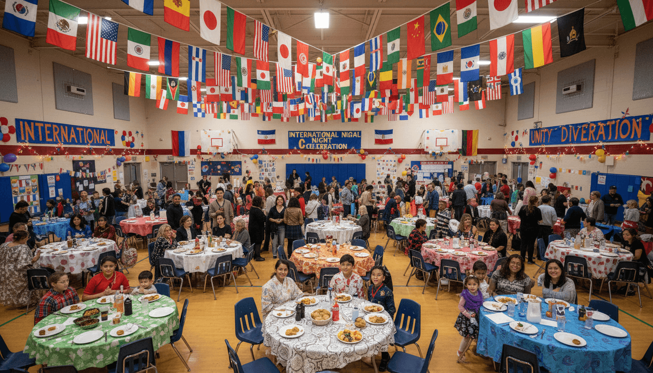 Families of different backgrounds browsing cultural display tables at a school international night event