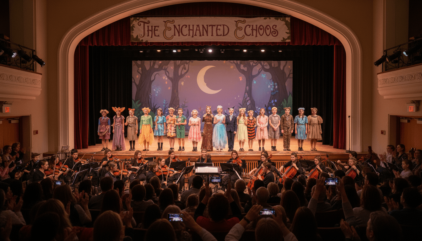 Students in full costume performing a school musical on stage under stage lighting with a packed audience
