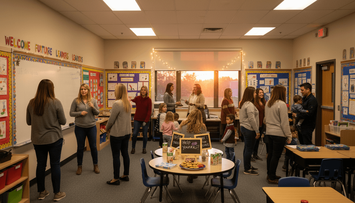 Parents arriving at a school open house night, holding printed schedules near a brightly lit classroom entrance
