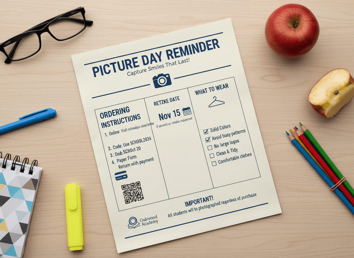A school newsletter printed on paper with picture day details including the date, ordering link, and retake information