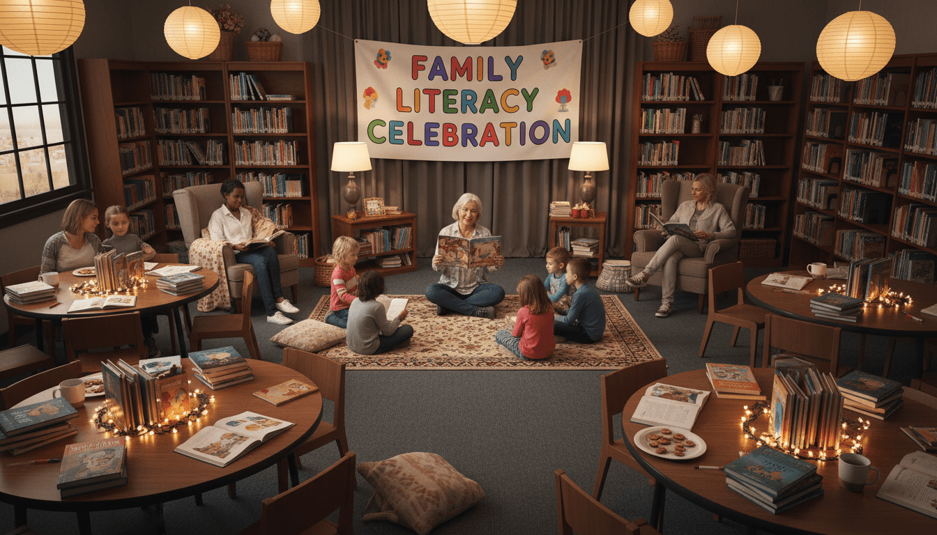 Families sitting on library rugs and chairs listening to a read-aloud at a school family reading night