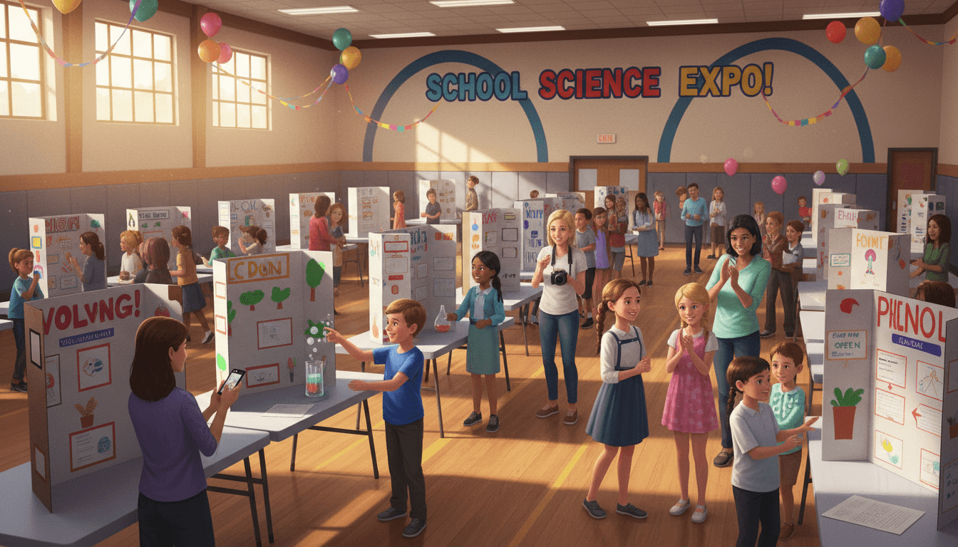 Students presenting science fair projects on folded display boards in a gymnasium with parents looking on