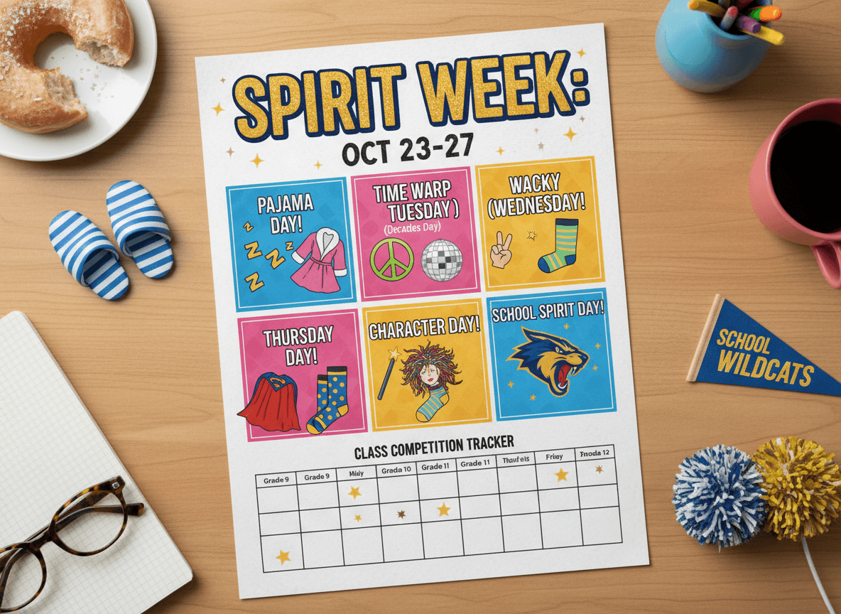 A school bulletin board displaying the spirit week daily theme schedule with pictures and colorful decorations