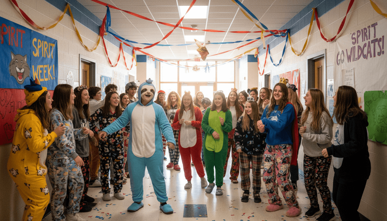 Students dressed in colorful spirit week themed clothing walking through a school hallway decorated with banners