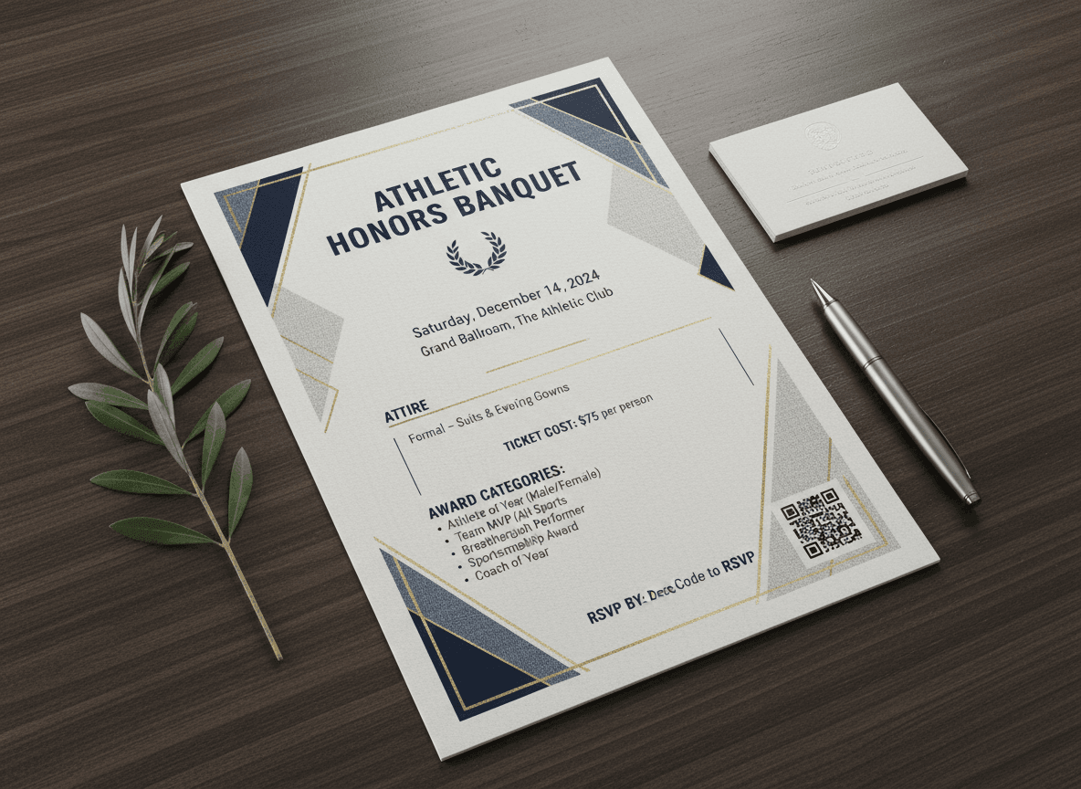 A school sports award trophy on a table beside a printed sports banquet program and fresh flowers