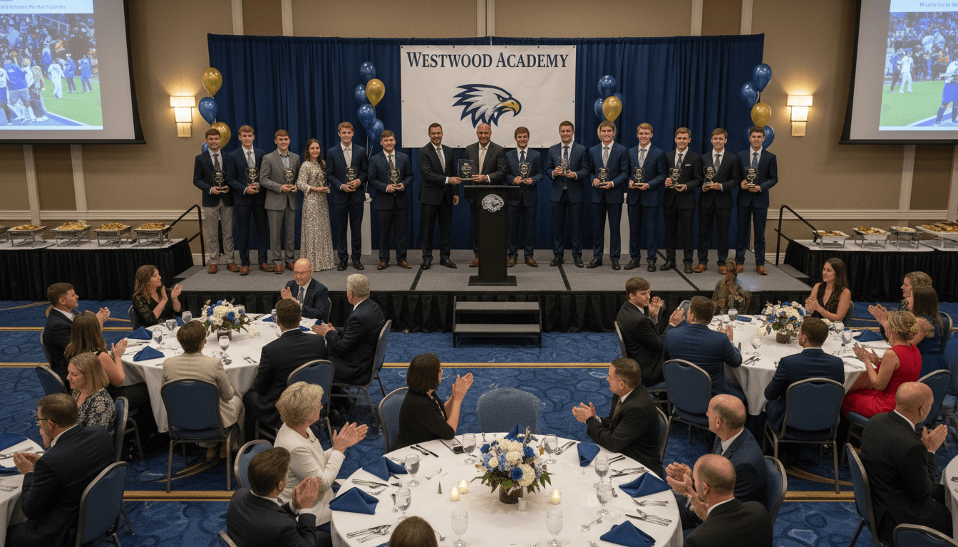 Athletes in athletic attire holding trophies at a school sports banquet with their families applauding in the background