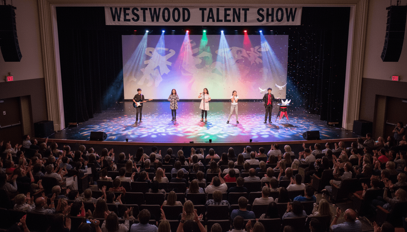 Students performing on a school auditorium stage with colorful spotlights and a packed audience of families