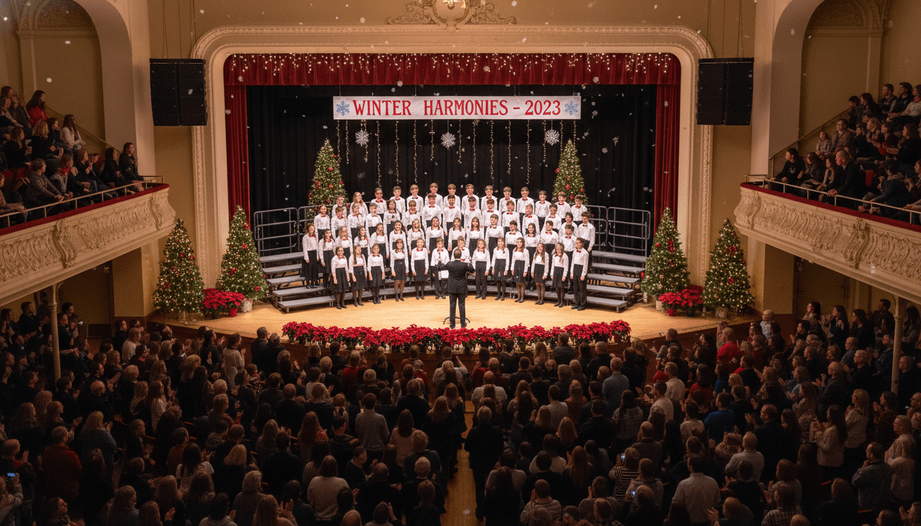 Elementary students in holiday attire singing on a school auditorium stage with a conductor in front of them