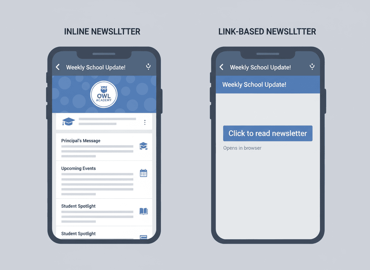 Side-by-side comparison of inline email versus link-based newsletter delivery