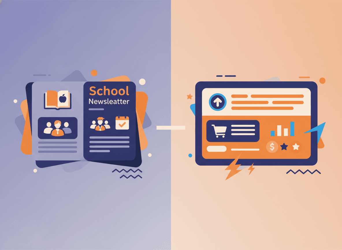 Side-by-side showing marketing tool complexity vs. school newsletter simplicity