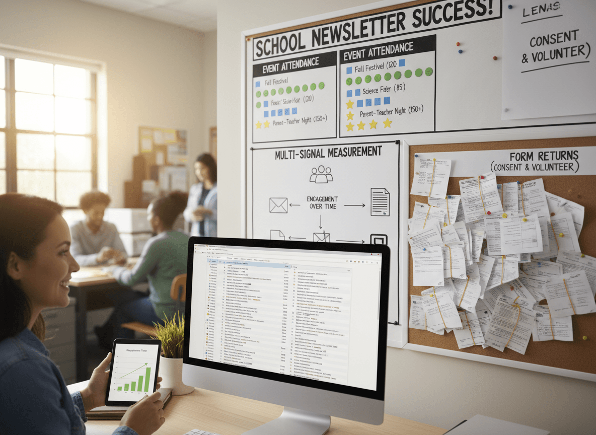 Dashboard showing school newsletter engagement metrics and parent response rates