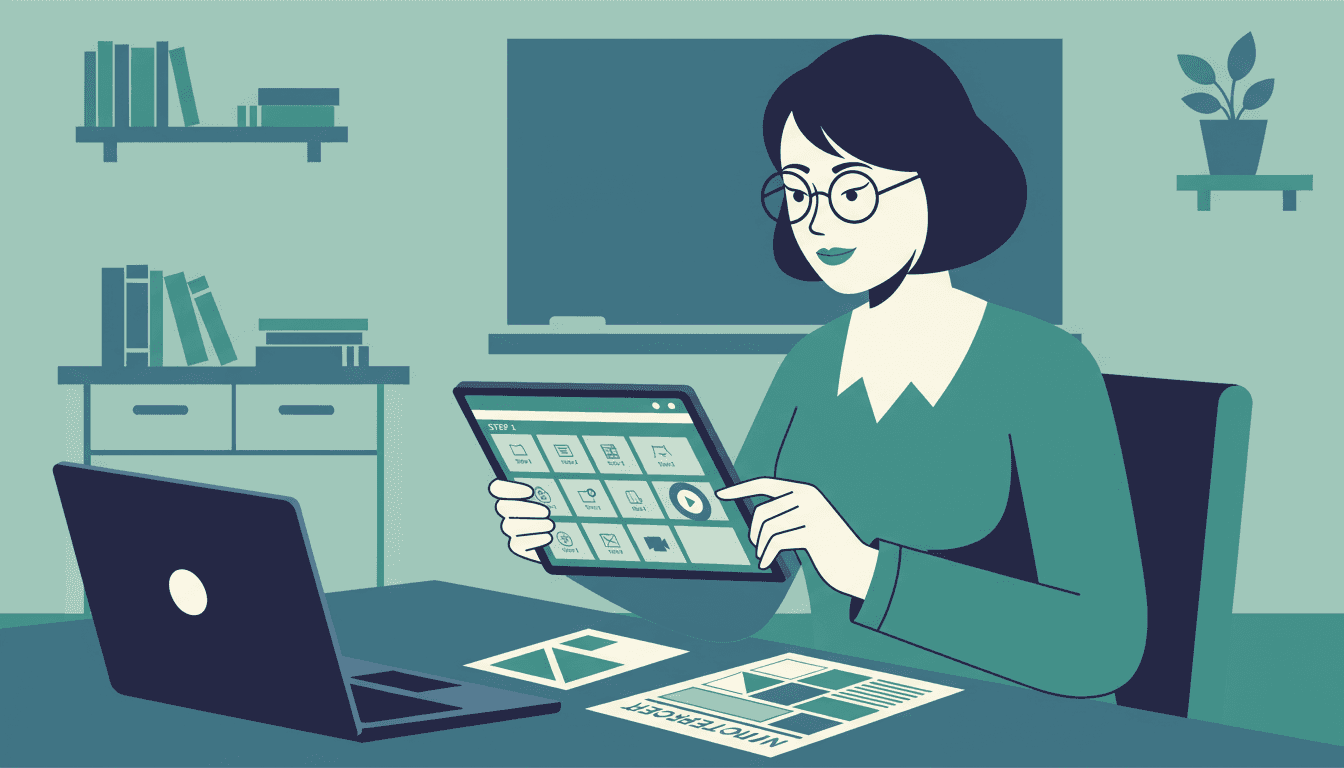 Teacher writing a school newsletter at a desk with coffee