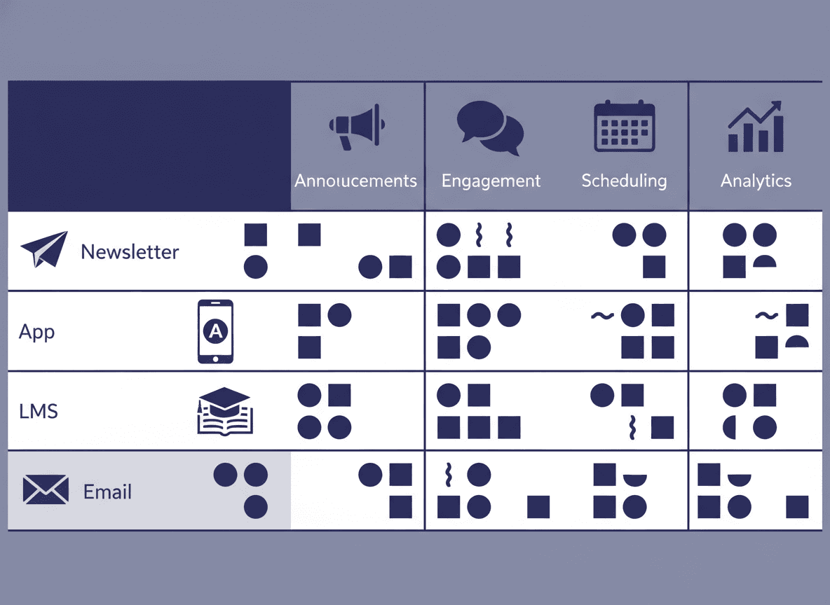 Comparison matrix of newsletter, messaging app, LMS, and social feed tools