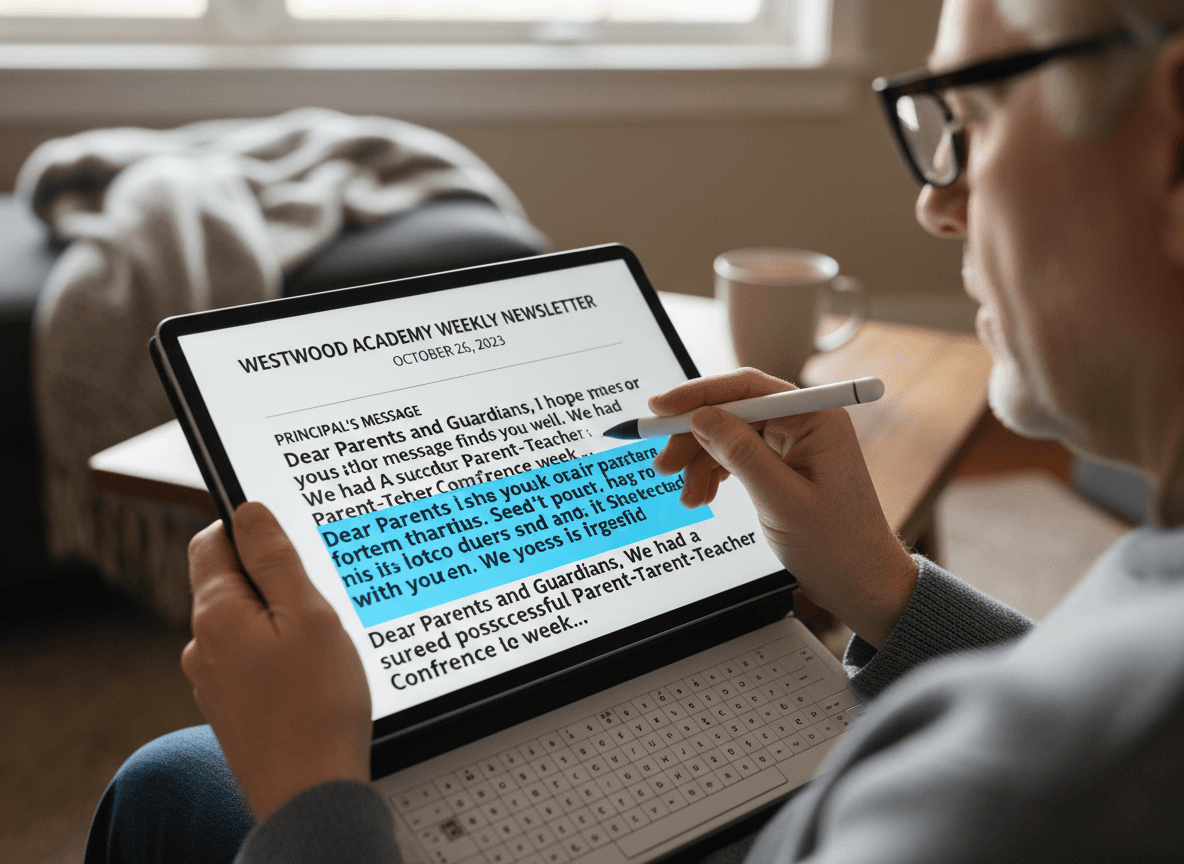 School newsletter displayed in high contrast mode on a tablet