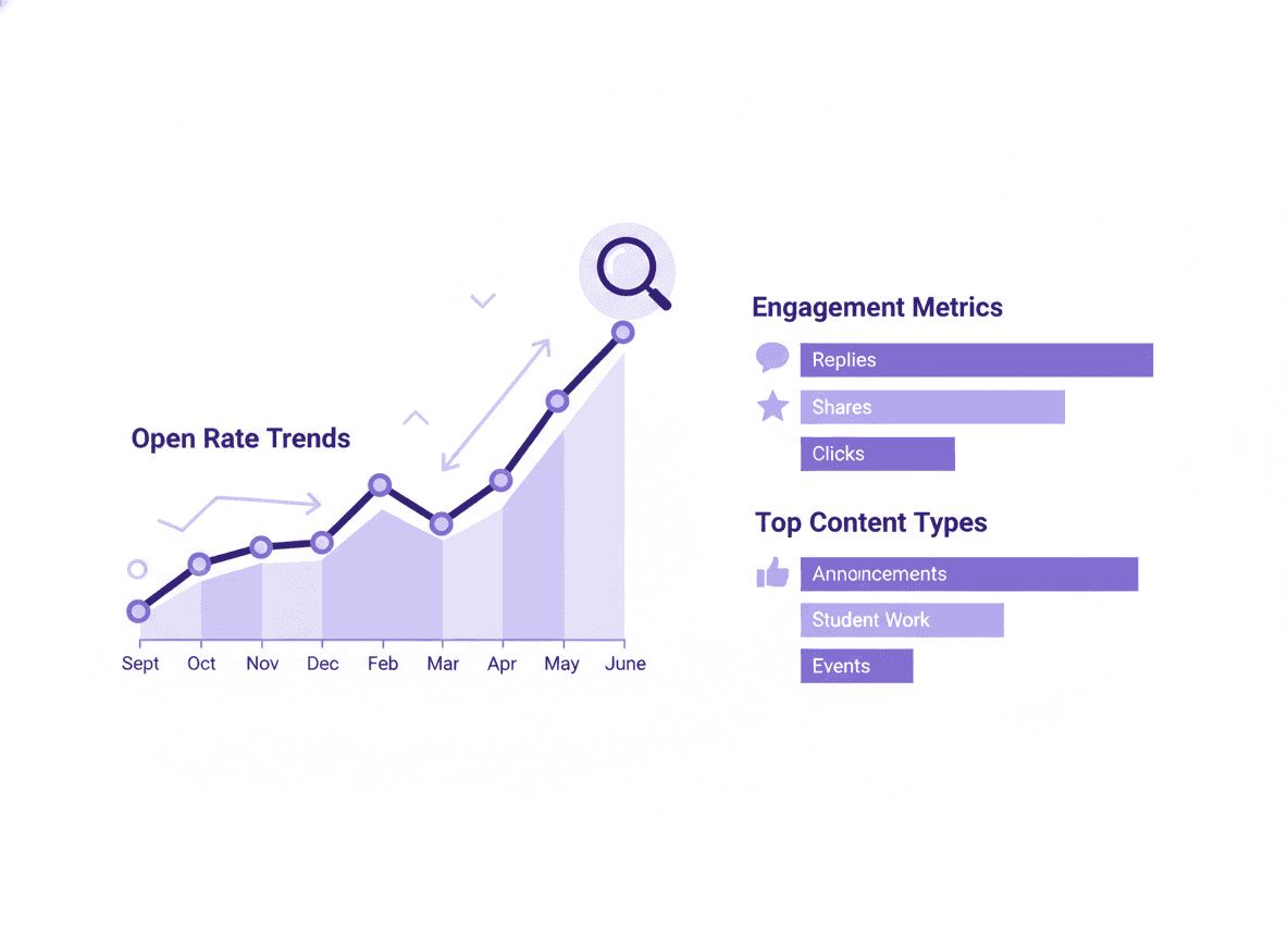 Newsletter analytics dashboard showing open rates and click rates by issue