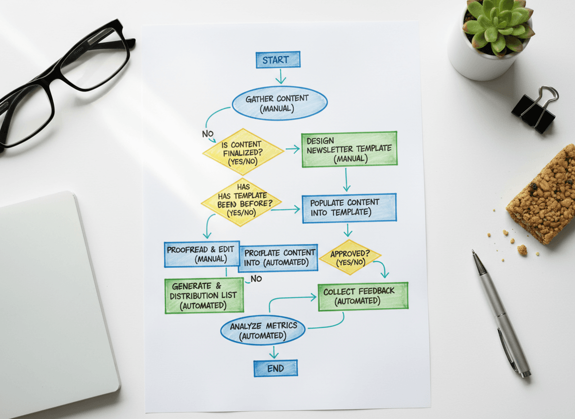 Diagram showing which school newsletter tasks can be automated and which require manual input