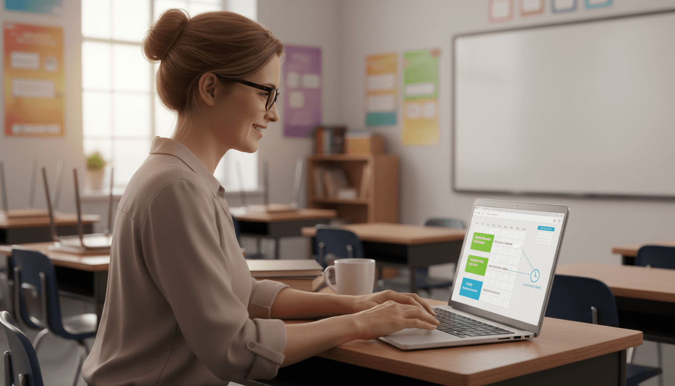 Teacher setting up automated school newsletter workflows on a computer