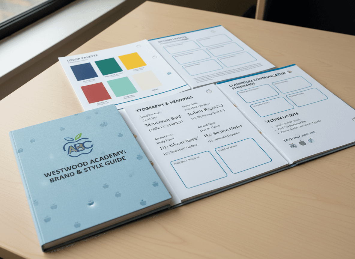 School newsletter style guide showing consistent colors, fonts, and layout elements