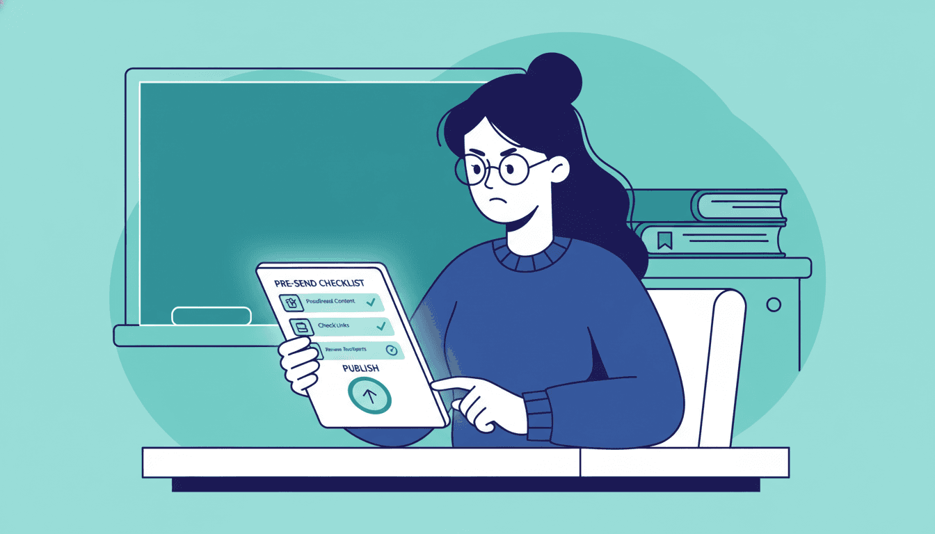 Teacher reviewing a checklist before sending a school newsletter