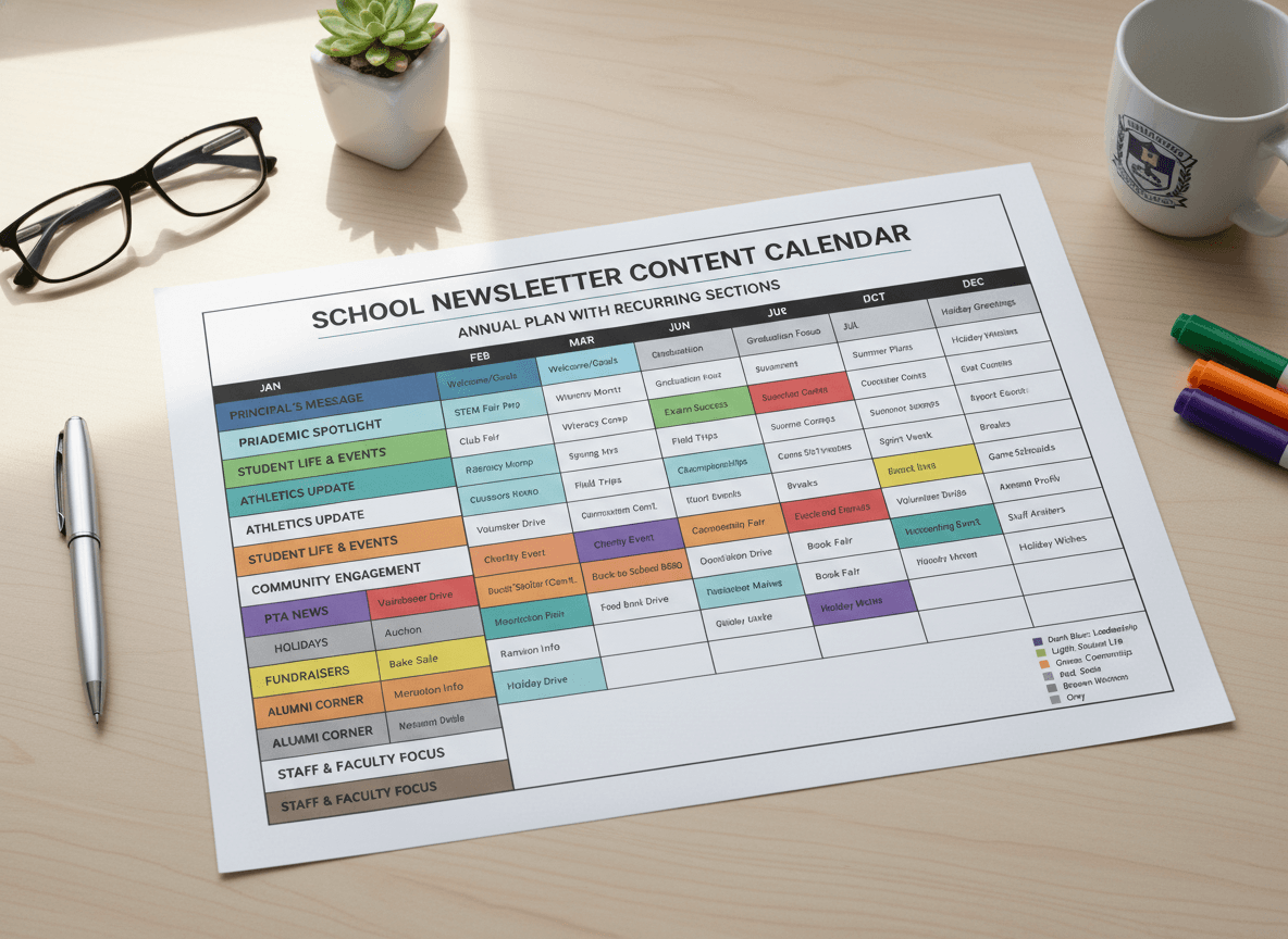 Annual school newsletter content calendar with monthly themes and recurring sections