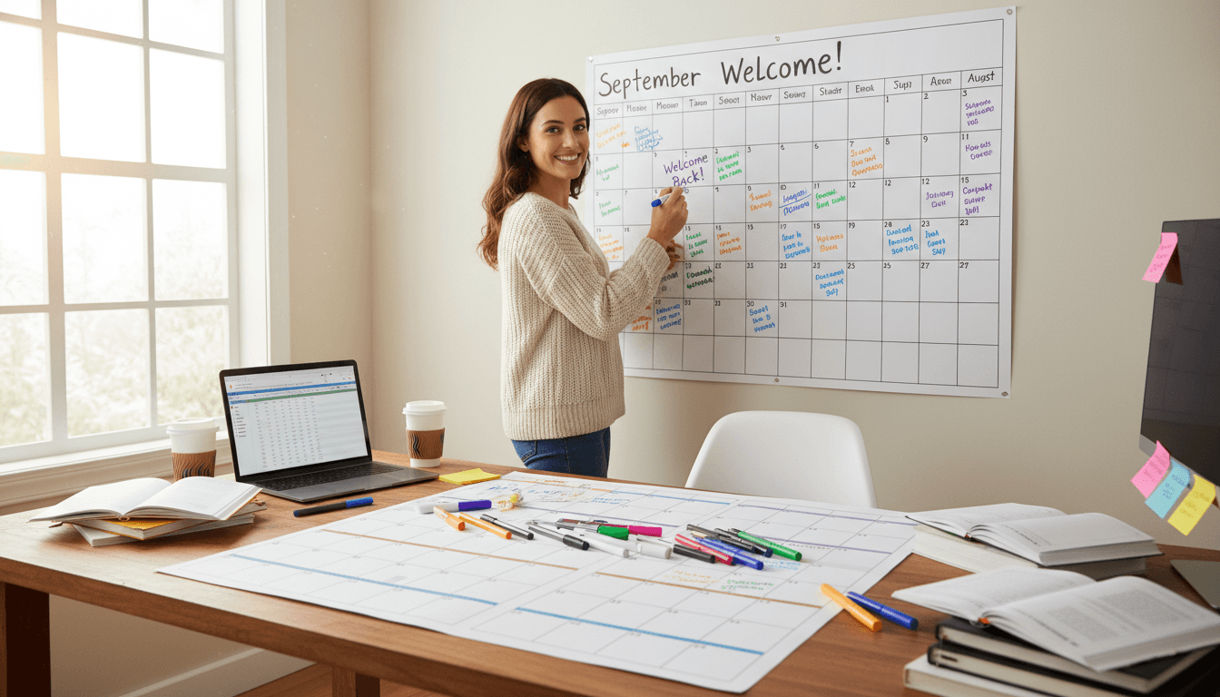 Teacher planning a school newsletter content calendar for the full year