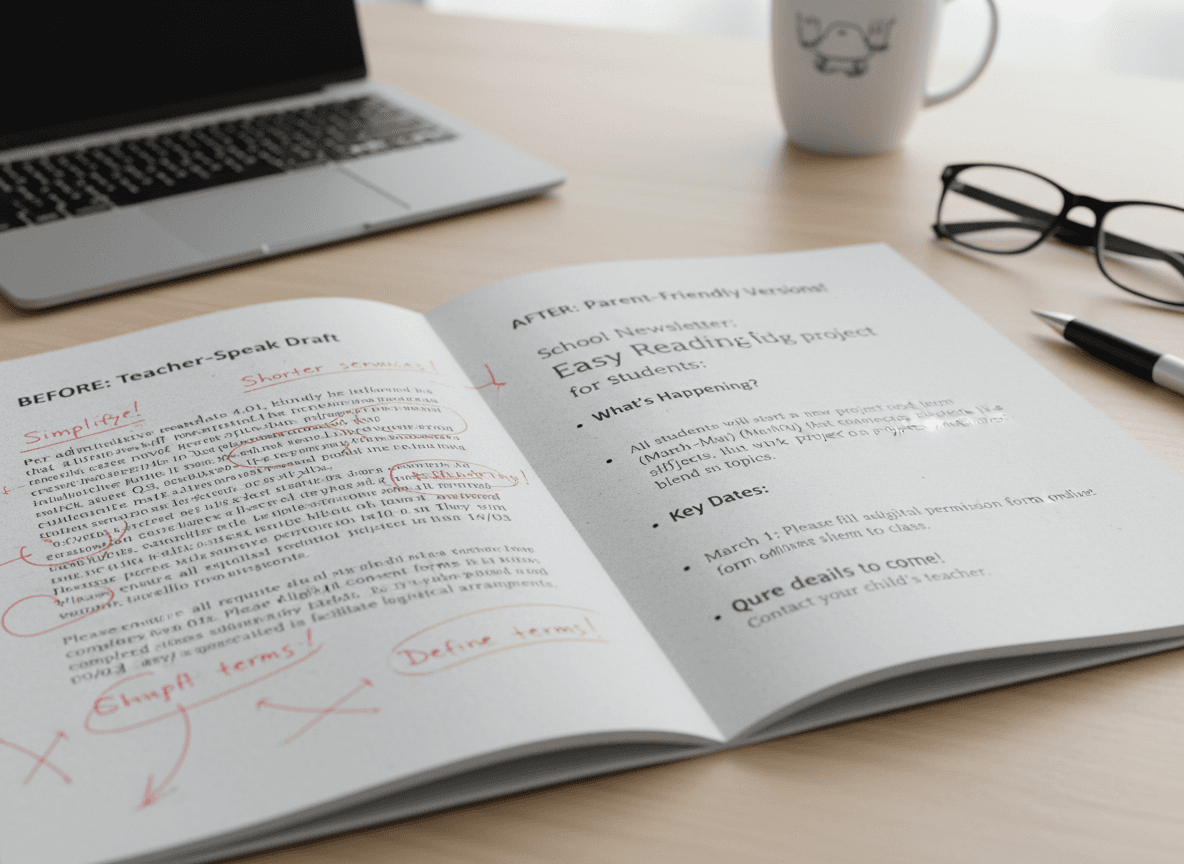 Annotated newsletter copy showing clear sentence structure and action-first writing
