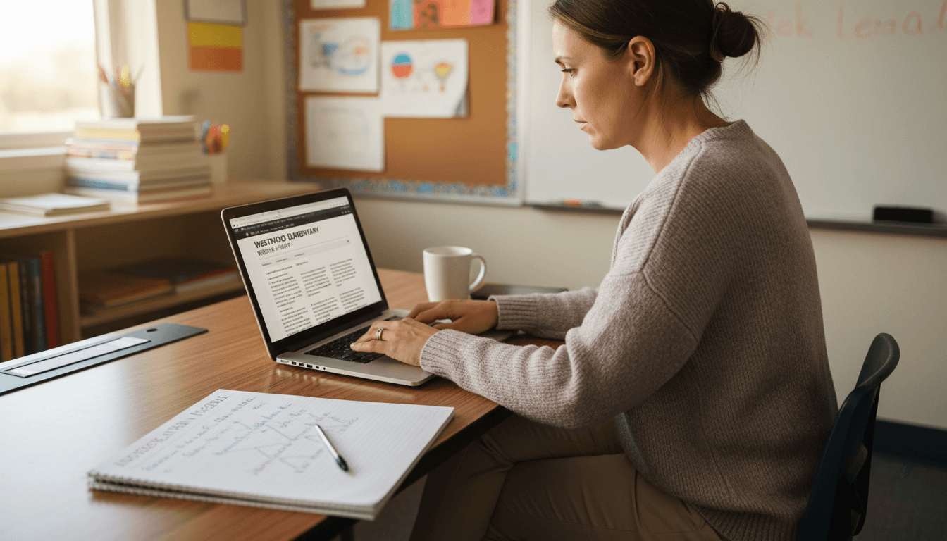 Teacher writing a school newsletter on a laptop with notes and a coffee cup nearby