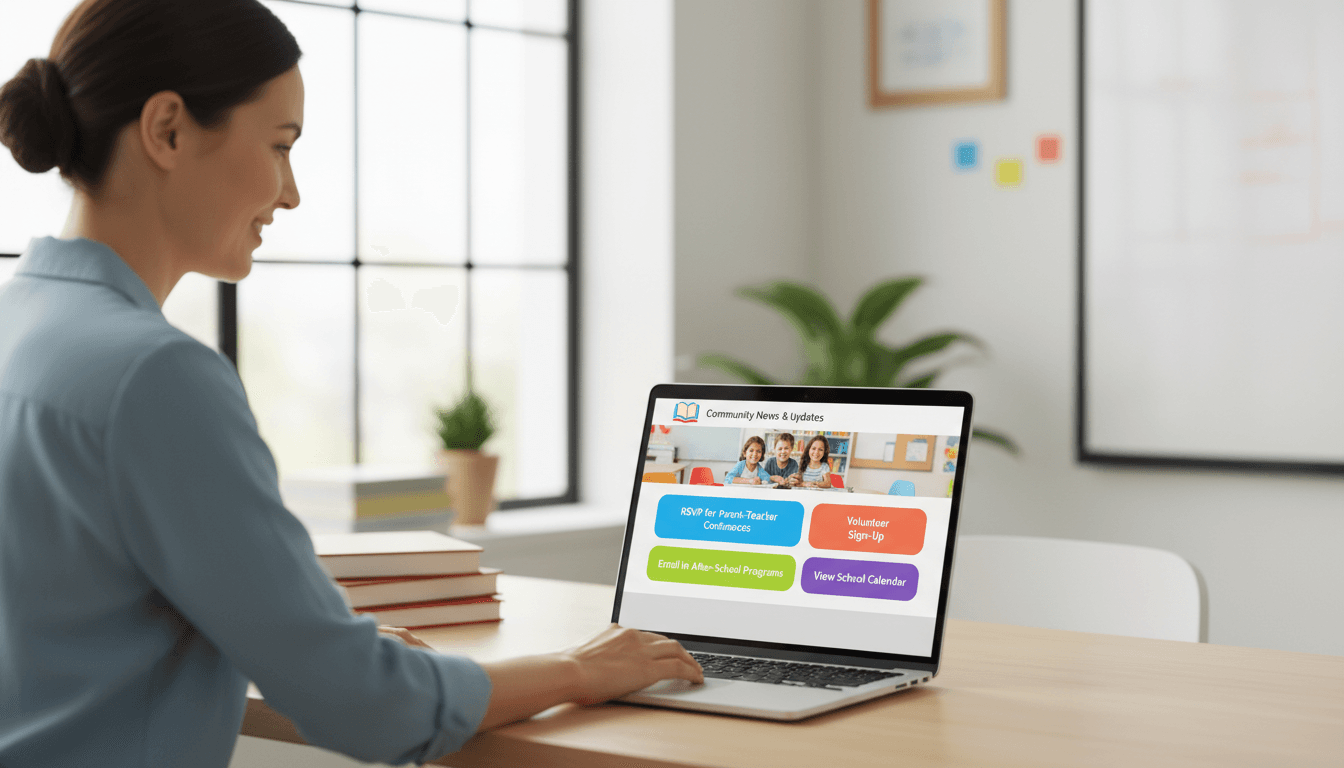 Teacher writing a school newsletter with a clear action button for parents