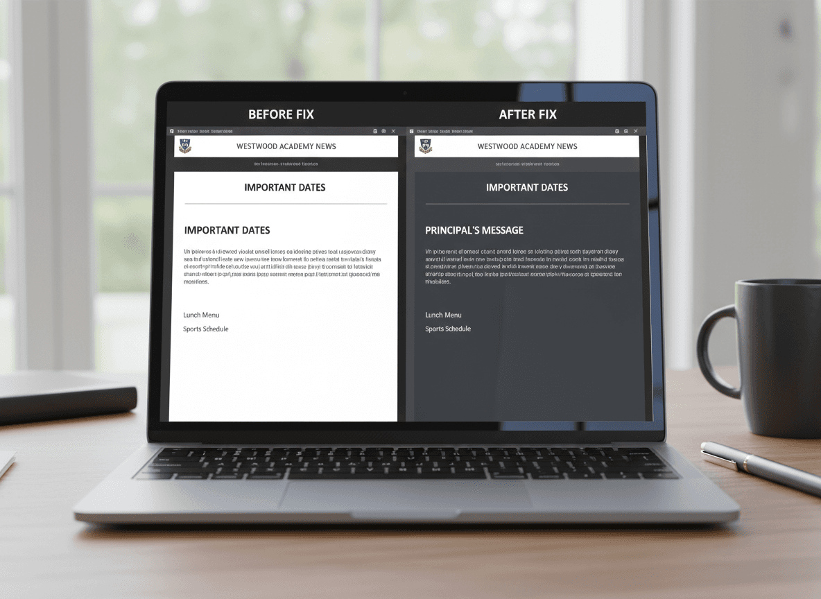 Split screen showing the same school newsletter in light mode and dark mode