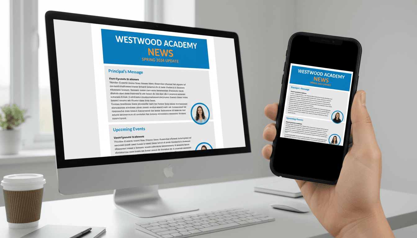 School newsletter displayed in dark mode on a smartphone screen