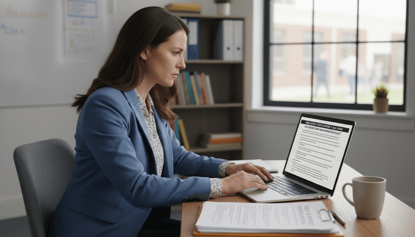 Teacher reviewing a privacy policy document for an email newsletter platform