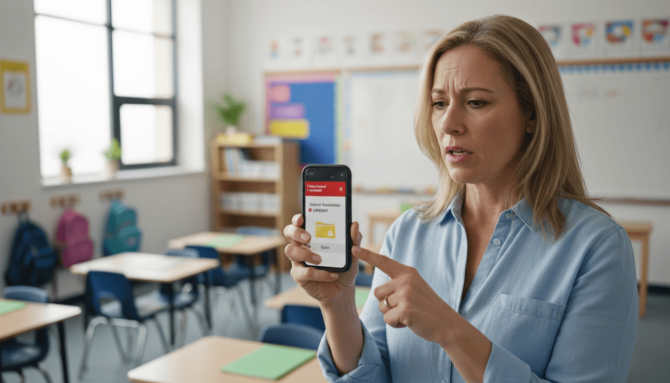 Teacher checking email deliverability settings on a laptop