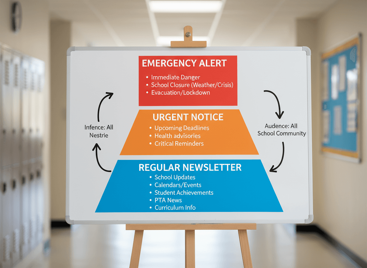 Three-tier school communication model showing emergency alerts, urgent notices, and regular newsletters