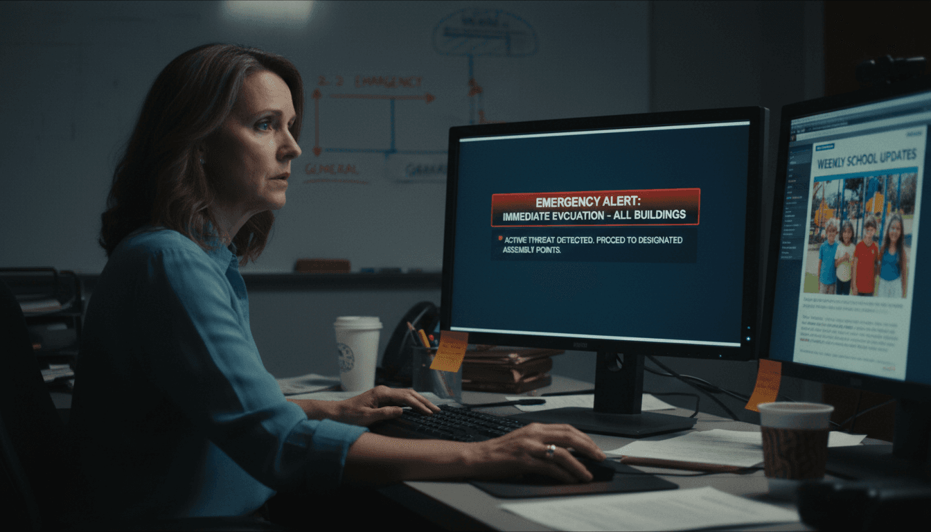 School administrator reviewing emergency communication protocols at a desk