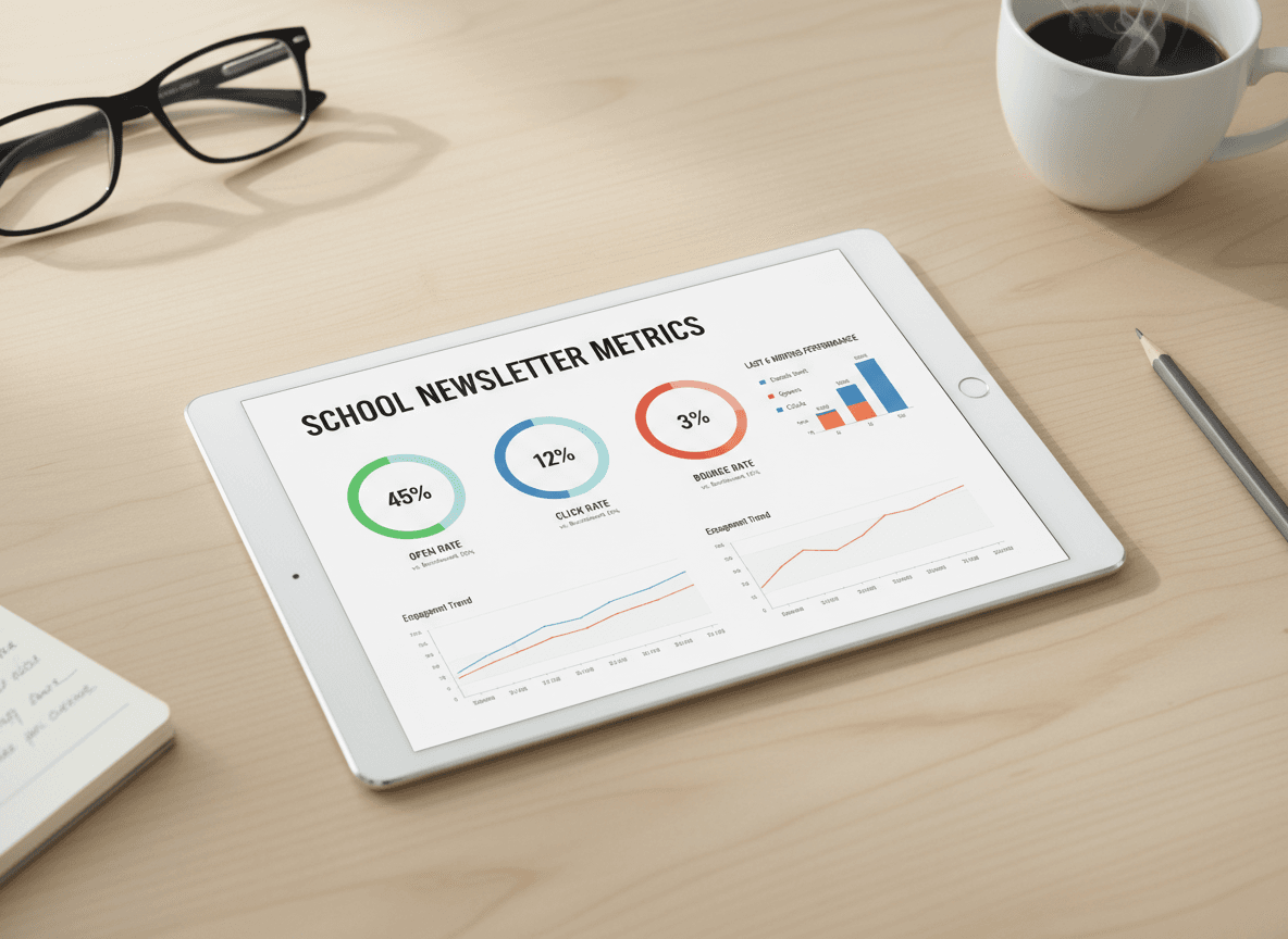 Email analytics chart showing open rates, click rates, and bounce rates for school newsletters