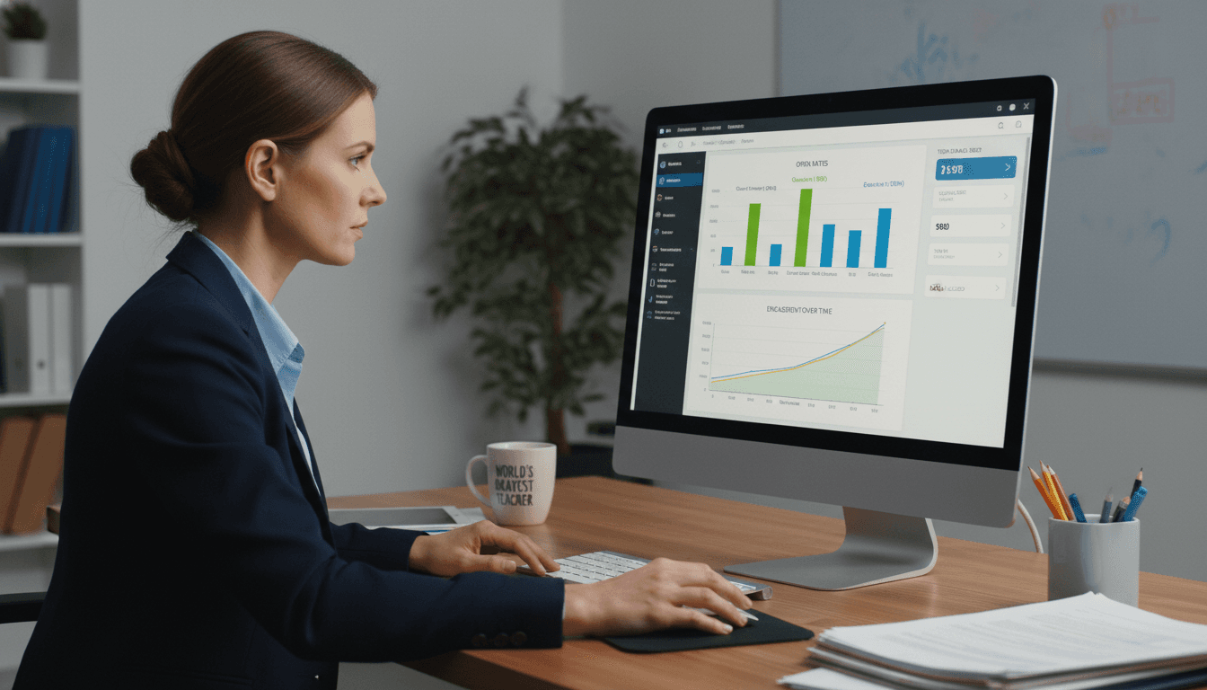 Teacher reviewing school newsletter analytics dashboard on a laptop