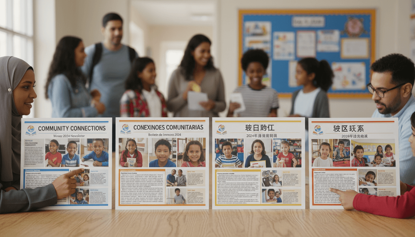 Teacher reviewing school newsletters in multiple languages on a laptop