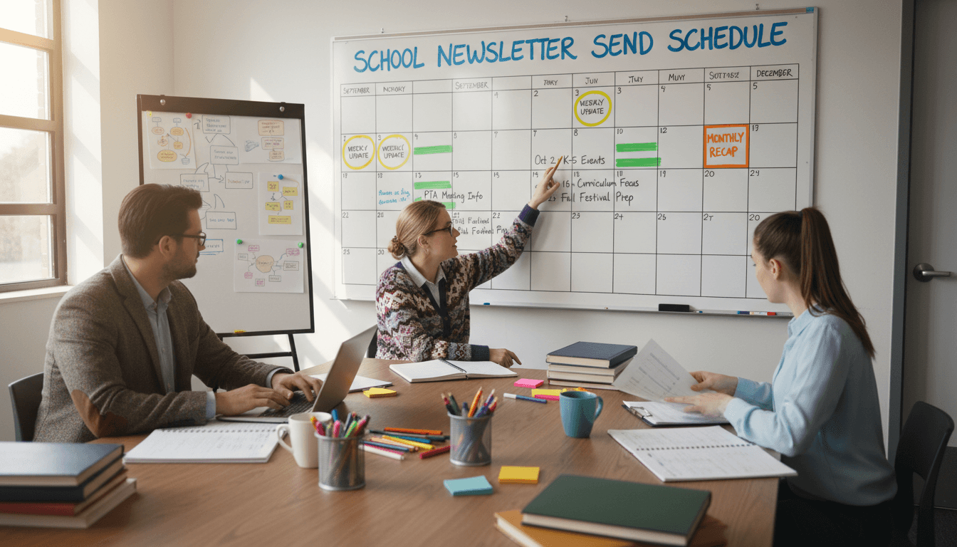 Calendar on a teacher's desk with newsletter send dates marked