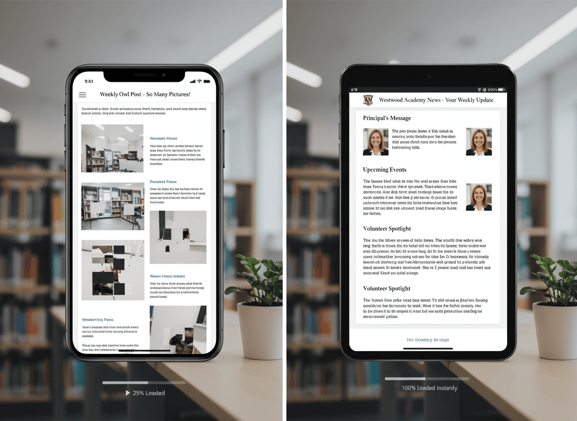 School newsletter email showing properly sized images with text balance