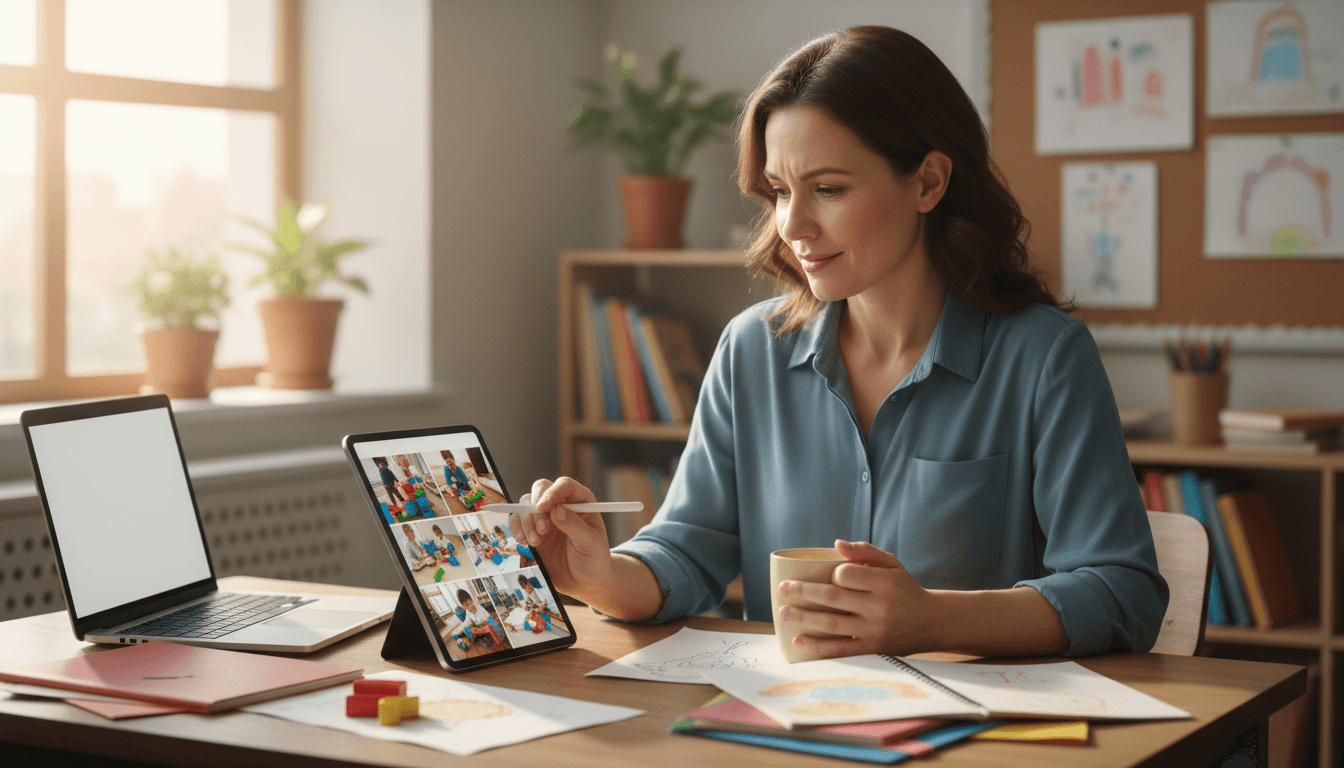 Teacher reviewing photo options for a school newsletter on a tablet
