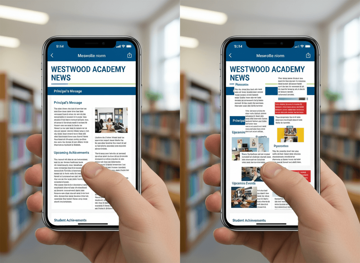 Side by side comparison of a school newsletter on desktop and mobile screens