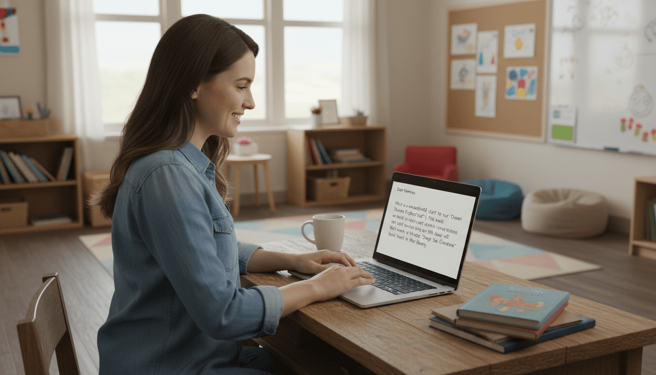 Teacher writing a personal classroom newsletter with specific student activity details