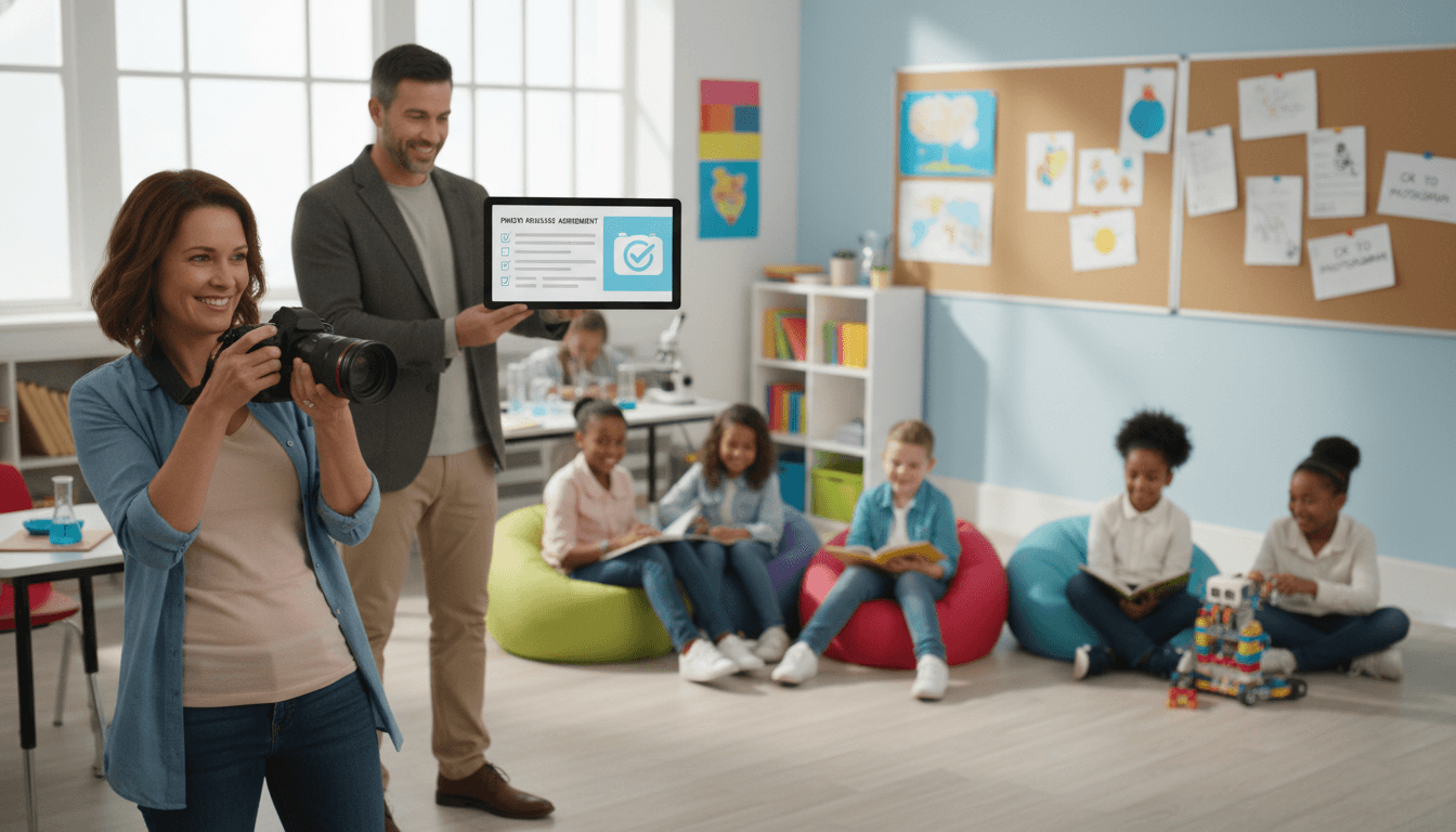 Teacher reviewing photo release forms before publishing student photos in a school newsletter