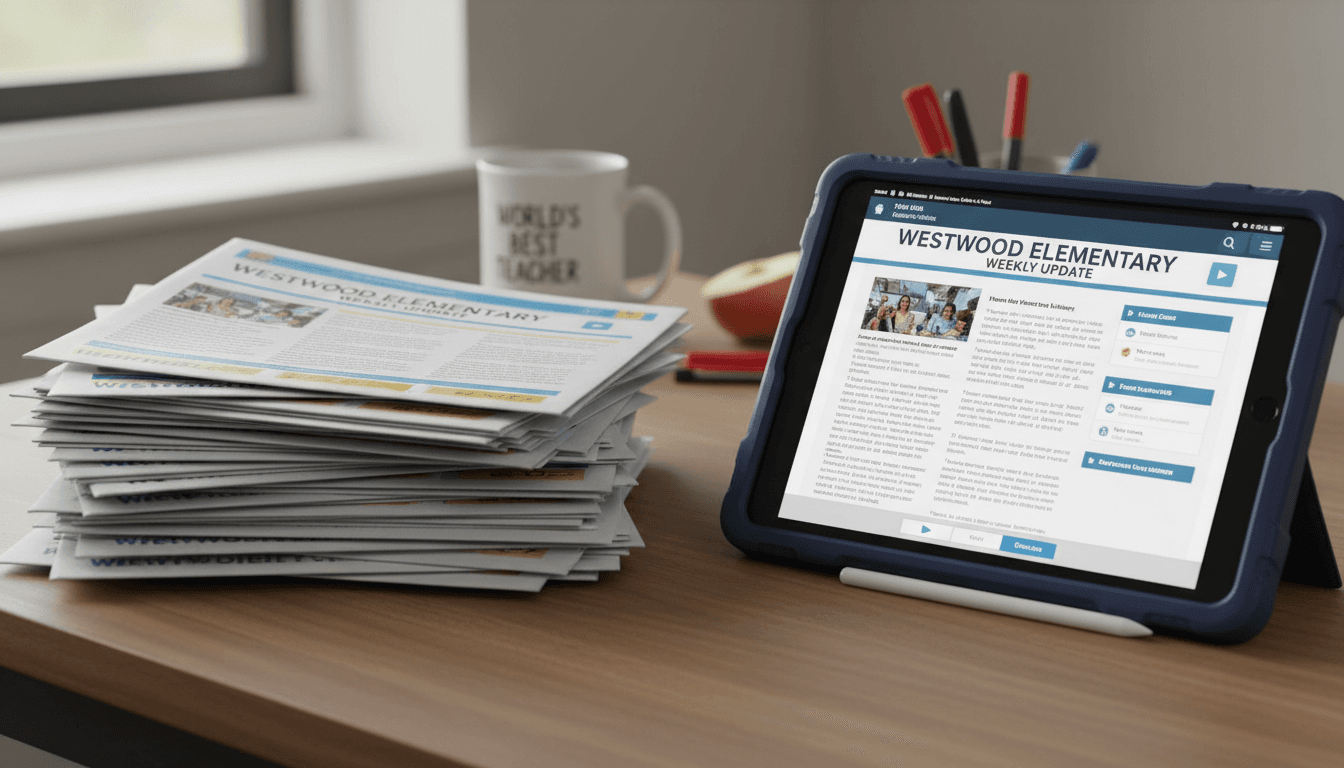 Teacher holding a printed school newsletter next to a laptop showing the digital version