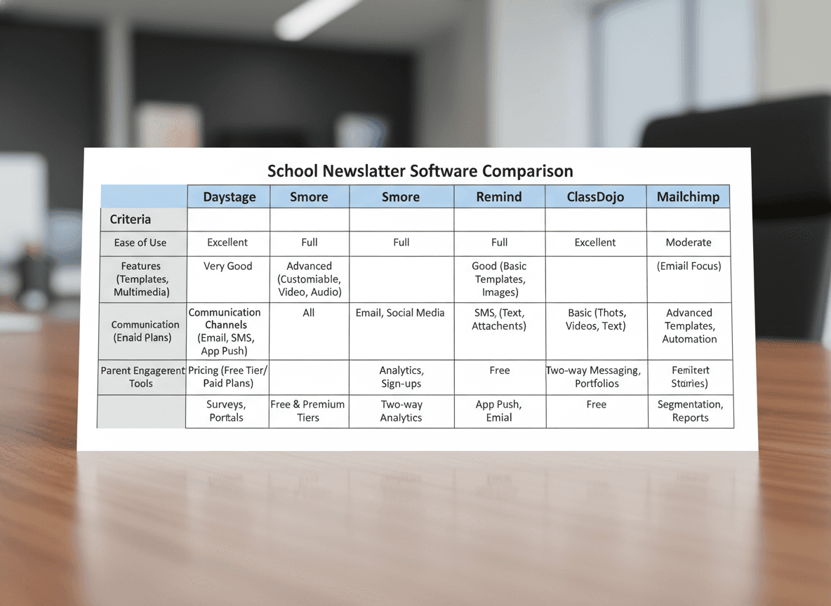 Comparison chart of school newsletter tools across key criteria