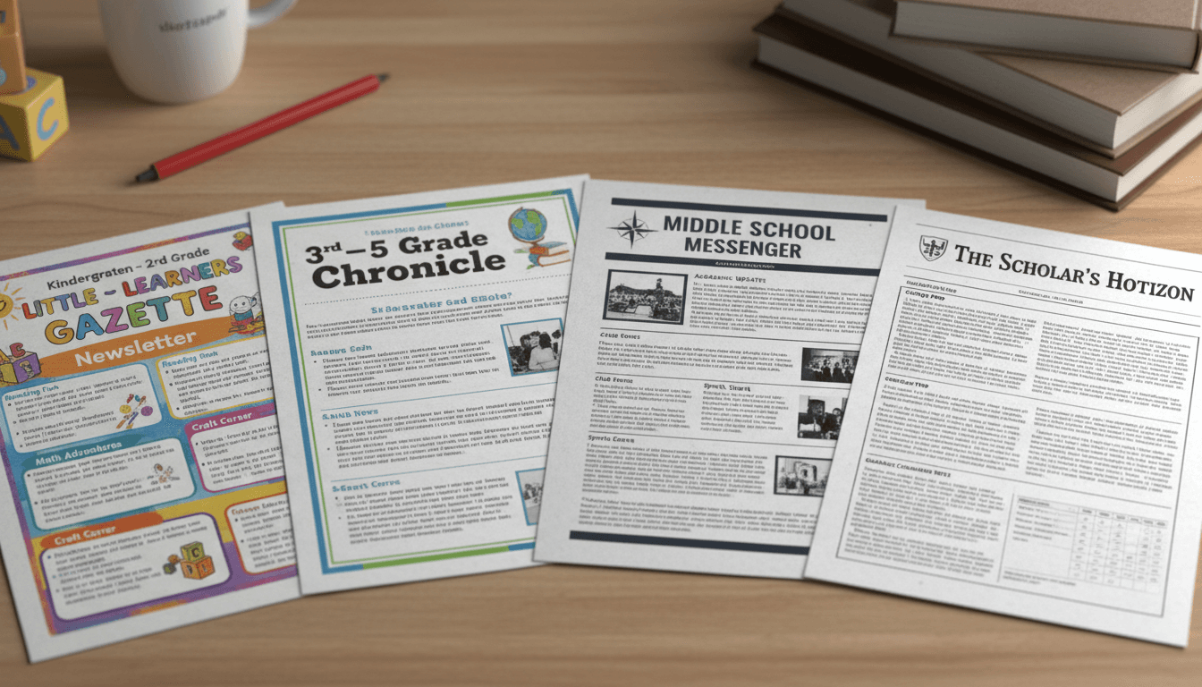 Four grade-level school newsletter templates displayed side by side on tablets