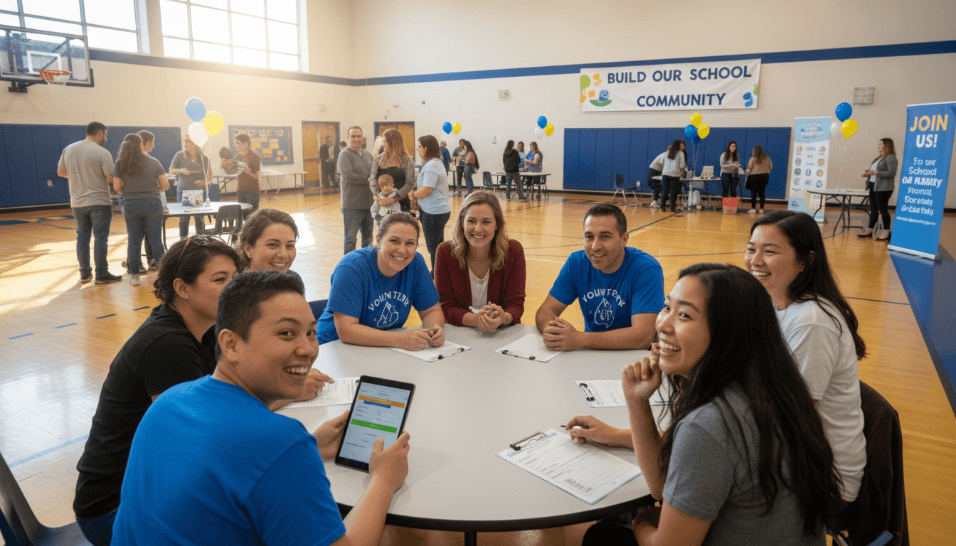 Parent reading a school newsletter volunteer signup request on their phone
