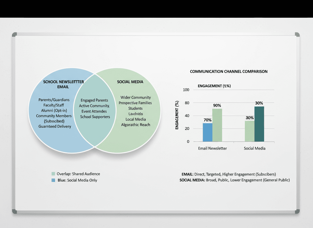 Chart comparing email newsletter reach vs social media reach for school parent communication