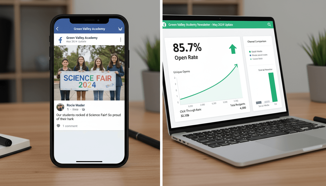 Split screen showing a school email newsletter and a school Facebook page side by side